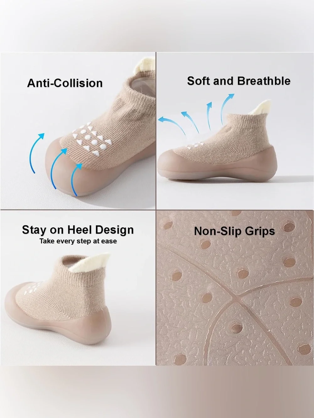 Kids Beige Slip-On Sock Shoes - Cushioned Non-Slip Soft Sole size 12-24 months
